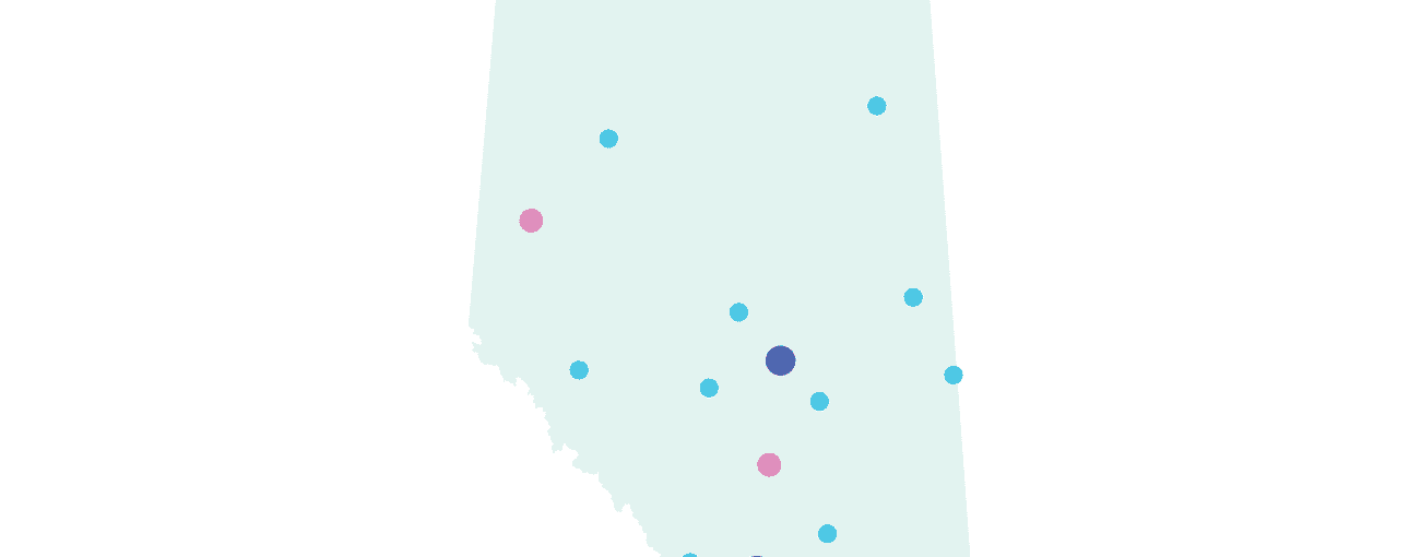 Illustration of Alberta with a few colourful dots in the province.