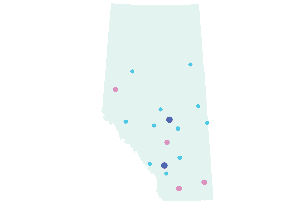 Illustration of Alberta with a few colourful dots in the province.