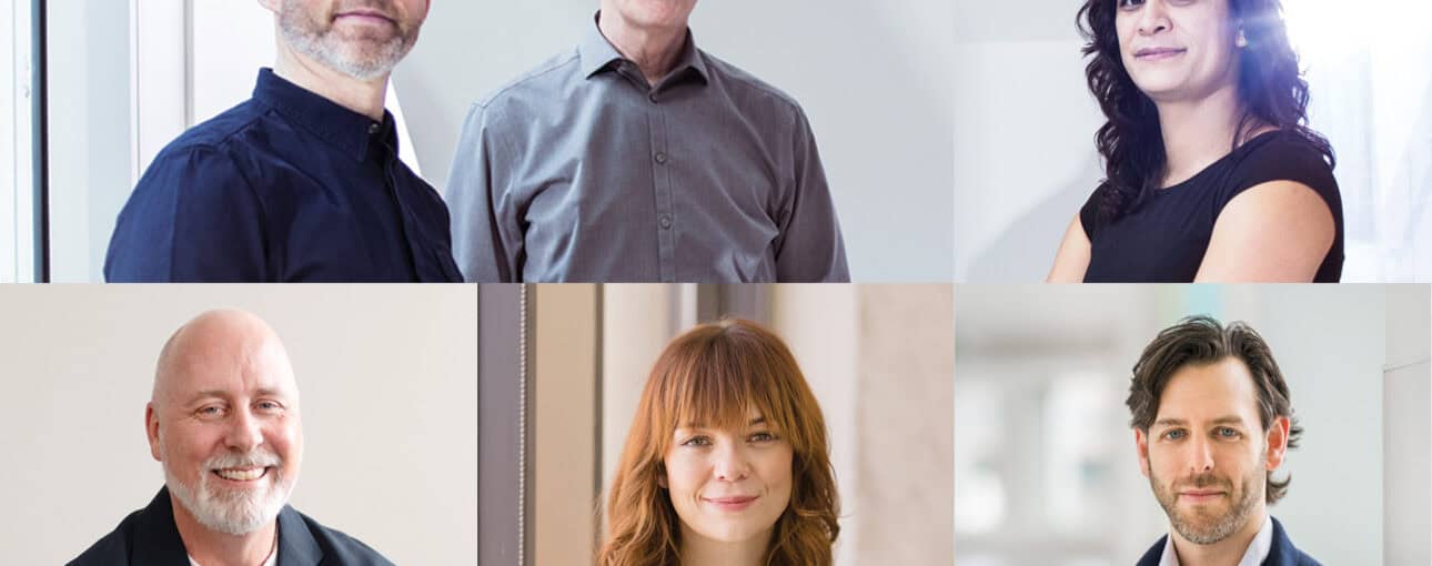 A collage of six portraits of health-care workers.