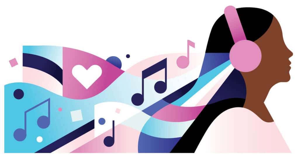 Illustration in blue, pink and purple of a woman listening music.