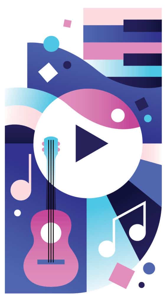 Abstract illustration of music notes, guitar and piano in blue, pink and purple.
