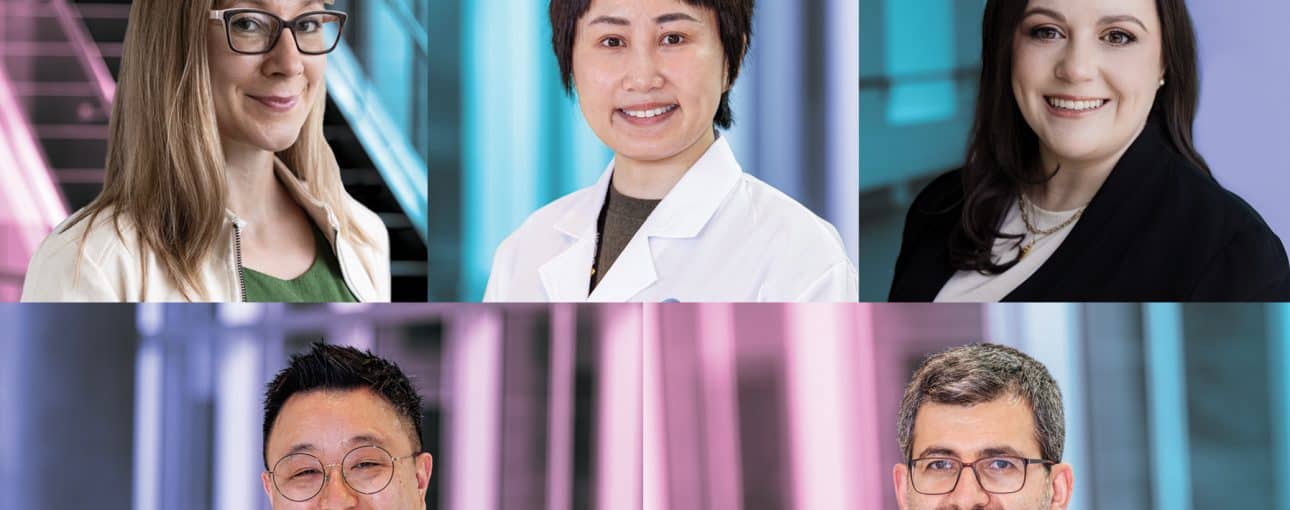 Collage of five doctors with a theme of blue, purple and pink backgrounds.