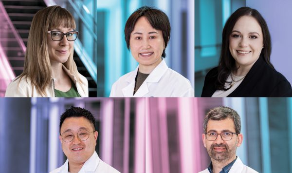 Collage of five doctors with a theme of blue, purple and pink backgrounds.